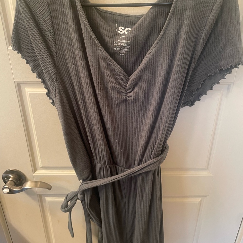 SO Olive Ribbed Romper with Tie Belt